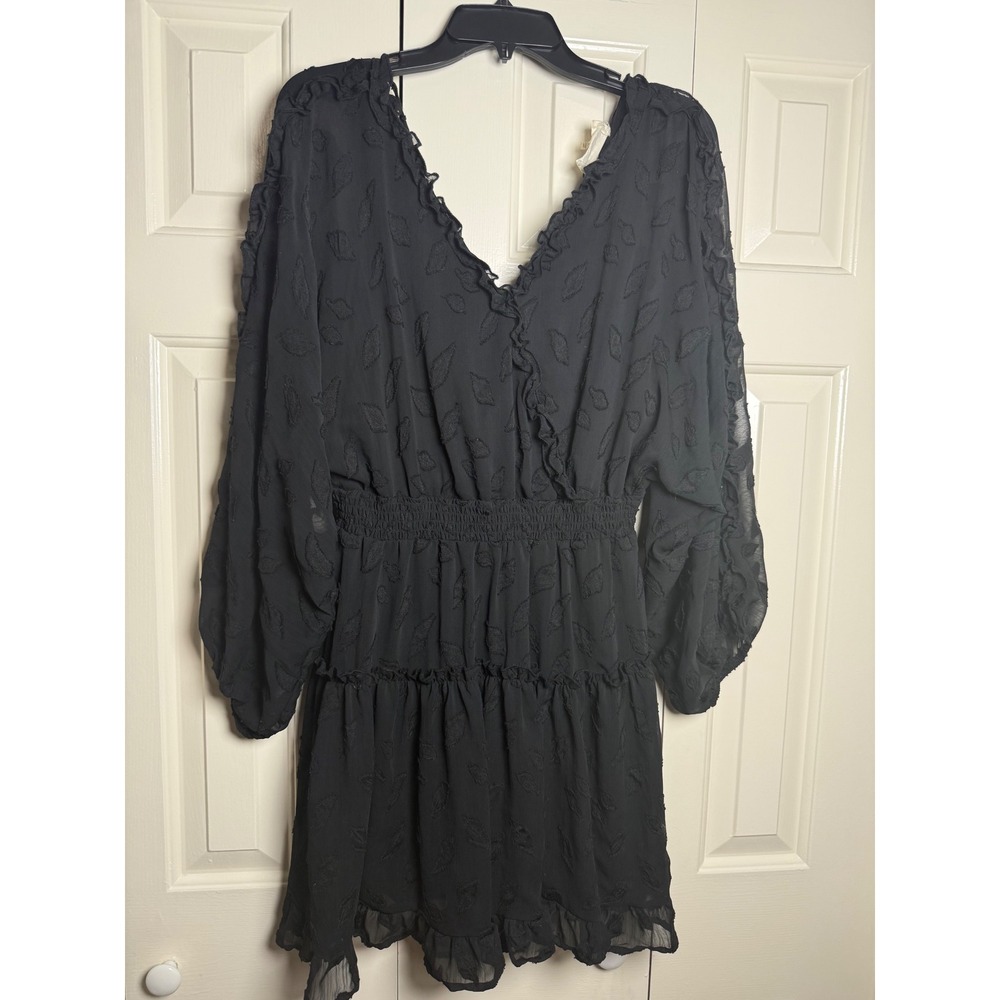 Dress Up Love People Black Leaf Fil Coupe Ruffle V-Neck Smocked‎ Mini Dress